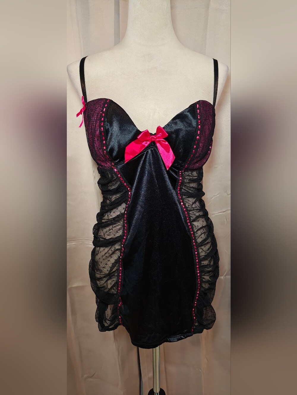 Y2K iCollection Lingerie Slip Dress w Sheer Side Panels, Bows & Lace.